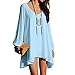 QIYUN.Z Women's Long Batwing Sleeve Mini V-Neck Irregular Hem Casual Loose Chiffon Dress Azure