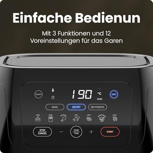 Multifunktionale Digitale Heißluftfritteuse + Rotisserie, Dörrautomat, Konvektion, 17 Touchscreen-Voreinstellungen, XL 10L Familiengröße, Automatische Abschaltung, Großes Sichtfenster, Schwarz
