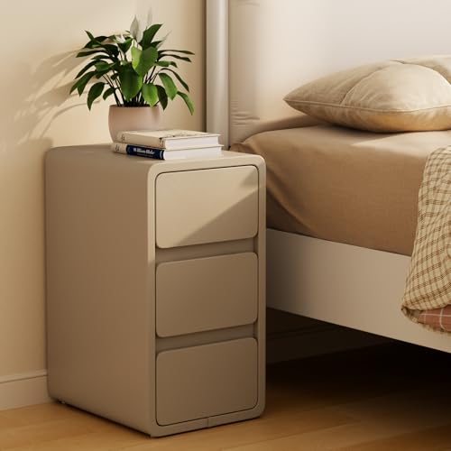 AQIMUELE Small Bedside Table Slim Bedside Table with 3 Drawers, Narrow Side Table Assembled with Leather Surface for Bedroom, 30cm (Khaki)