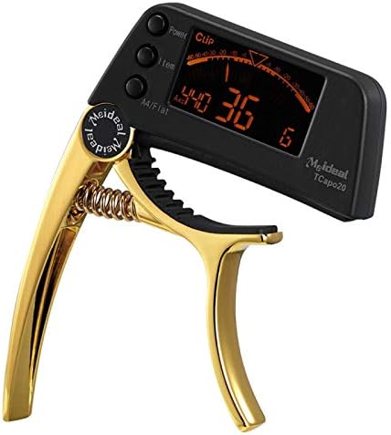 Gold Guitar Tuner, Loftstyle Chromatic Clip-on with LCD Display Rotating Light by One Hand Professional Capo Guitar Clip