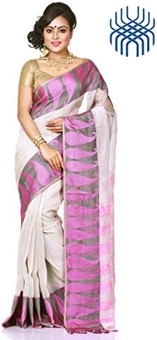 Bengal Handloom Saree Women's Traditional Pure Linen &amp; Resham Silk XXXXX-Large Grey