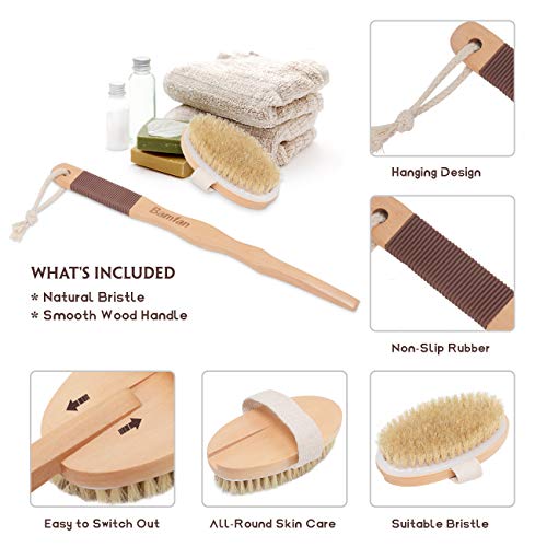Bath Brush for Dry Skin Body Exfoliator Brushing - with Wood Long Handle and Anti-Slip Rubber for Shower - Thumbnail 5