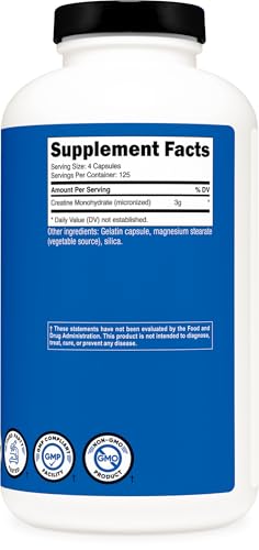 Nutricost Micronized Creatine Monohydrate 3,000mg 500 Capsules, 125 Servings, 750mg of Creatine Monohydrate Per Capsule