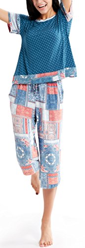 INK+IVY Pajamas for Women - Short Sleeve and Capri Pants PJ Set Loungewear, Casual Soft Breathable Sleepwear, Large, Bedouin Patch 2 Piece