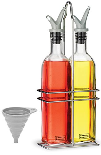 Dwellza Kitchen Glass Olive Oil and Vinegar Dispenser Set with FREE Collapsible Silicone Funnel | No-Drip Double Spouts | Dishwasher-Safe Bottles and Stainless Steel Holder in Break-Free Packaging