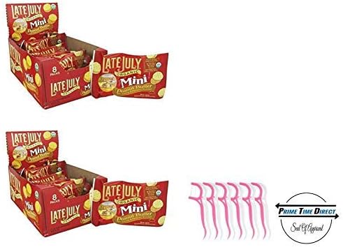 Late July Organic - Mini Organic Bite Size Sandwich Crackers Peanut Butter 1.125 oz 8 ct (Pack of 2) Bundled with 20ct Dental Flossers in a Prime Time Direct Sealed Bag