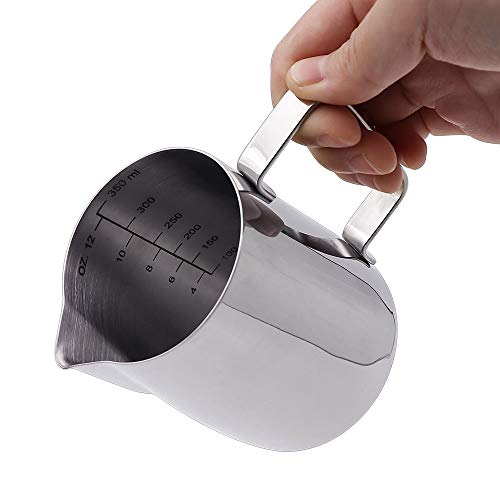 HouseHoo Milk Frothing Pitcher, 12 Oz (350 ml) Coffee Milk Frother Pitcher, Milk Frother Cup with Measurements Inside for Latte Coffee Arts, Stainless Steel Frothing Cup, Espresso Machines