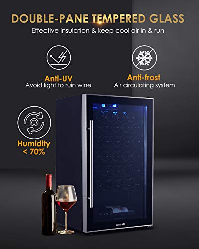 Amaste-Wine-Fridge-34-Bottle-Single-Zone-Wine-Cooler-Freestanding-Wine-Refrigerator-Double-Pane-Anti-UV-RaysAnti-frost-Tempered-Glass-Door-High-Efficiency-Compressor-Chrome-Racks-Blue-LED-Light-Revers