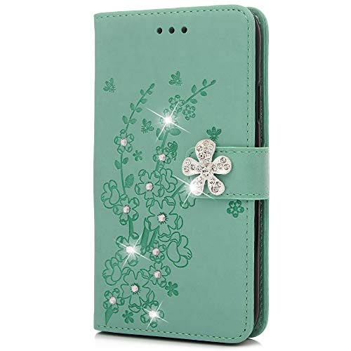 ZSTVIVA iPhone Xr 6.1 inch Case, Wallet Case Cover PU Leather 3D Sparkle Diamond Magnetic Folio Bumper Embossed Plum Blossom Waterproof Card Holders Protective Skin Shell - Green - Thumbnail 6