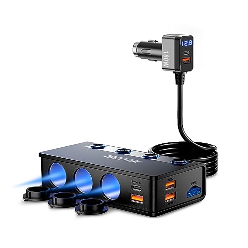 BESTEK Car Charger 180W, USB-C PD USB QC3.0 Car Charger, 12V/24V Car Cigarette Lighter Adapter with 3 Cigarette Sockets 6 USB Ports with LED Display for iPhone Dash Cam