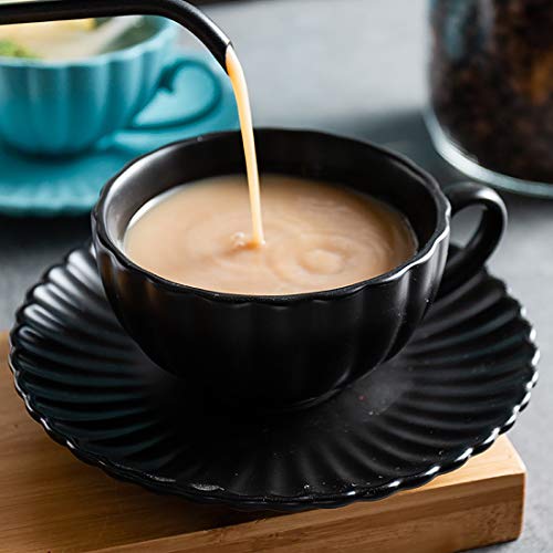 BonNoces Porcelain Tea Cup and Saucers Set, 6 Oz Elegant Matte Petal Shaped Tea Coffee Cup Set, with Flower Spoons and Metal Display Stand, Set of 6 (Black)