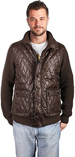 Zeta Wear Men's Knit Sleeves Quilted Hidden Zip Down Jacket With Stand Collar Brown XL