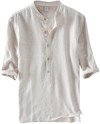 Mens Half Sleeve Stripes Linen Shirt Casual Baggy Button Shirts