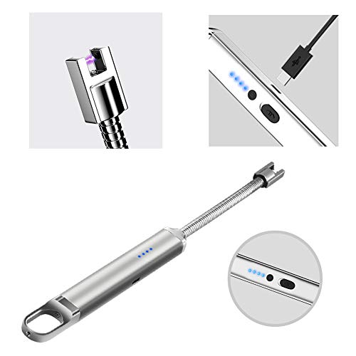 Lighters,Candle Lighters, Electric Lighters Long Flexible Flameless Windproof USB Rechargeable with Hook Battery Indicator Safety Designs for Candles, Grill, BQQ, Kitchen, Camping, Fireplace, Beach
