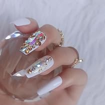 Amazon.com: ZYBUXY luxury gem white press on nails Medium coffin ...