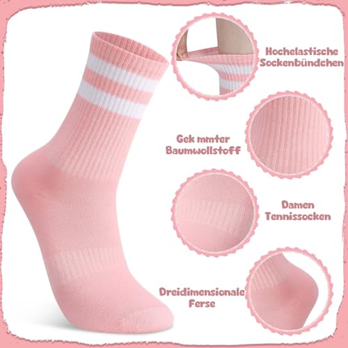 6 paia di calzini da donna 35-38 calzini da tennis in cotone retrò da donna calzini sportivi colorati con motivo a righe Crew Socks per donna ragazza tennis sport, Bianco/Nero/Rosa, 35-38