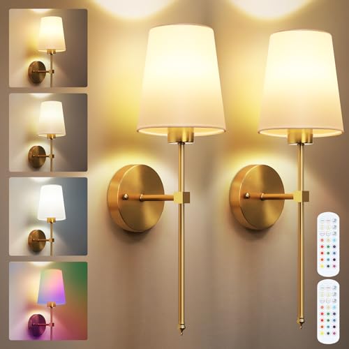 Apliques de Pared Inalámbricos Recargables, Juego de 2 Lámparas de Pared con Control Remoto, Luz LED Regulable 3000K-6500K RGB, Sin Cable, para Recámara, Sala, Pasillo, Cocina