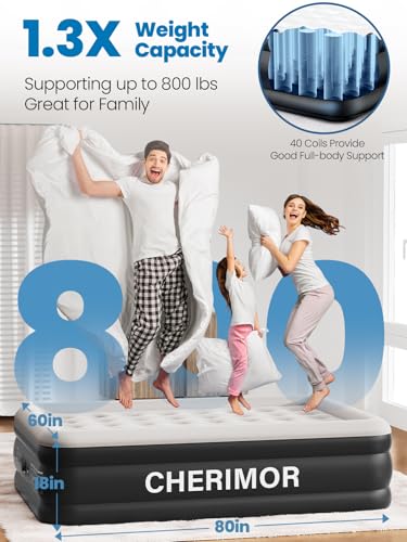 CHERIMOR Queen Air Mattress with Built-in Pump, 18" Raised Comfort, 48Hr Leak-Proof Test, Upgraded Honeycomb Pillar Design, Supports 800 lbs, 3-Min Inflation-Inflatable Bed for Home Guests & Camping