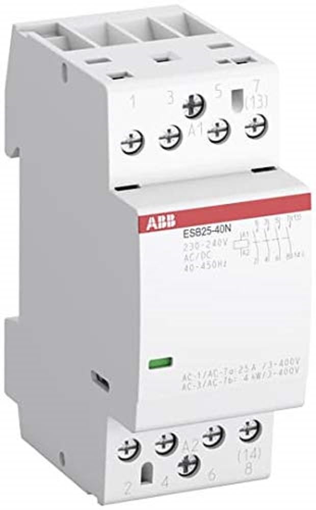 ABB Protecta Plus ESB25-40N-07 400V AC/DC Installation Contactor • 25 A Rated Current • 4 NO 4-Pole Modular Contactor • DIN Rail Mount 36 mm Width • 1SAE231111R0740