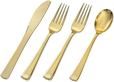 100 Plastic Shiny Gold Heavyweight Cutlery Set | 50 Forks, 25 Spoons &amp; 25 Knives Disposable Tableware | For Ceremonies, Wedding Receptions, Baby Showers, Gatherings, Birthdays, BBQs, &amp; More (200 Pack)