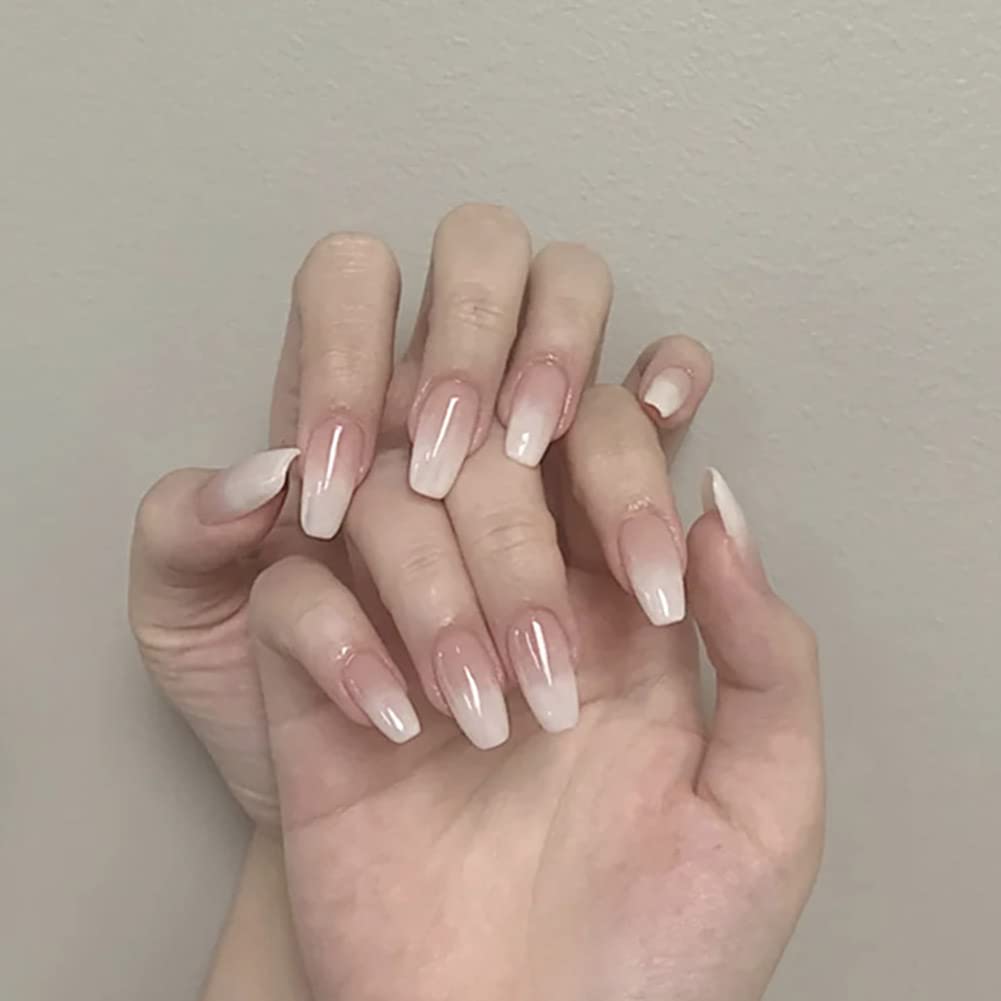 Carufin 24 Pieces White Gradual Change Stickers Press Fake Nails Ballet French Artificial Nails for Women Girls (B)