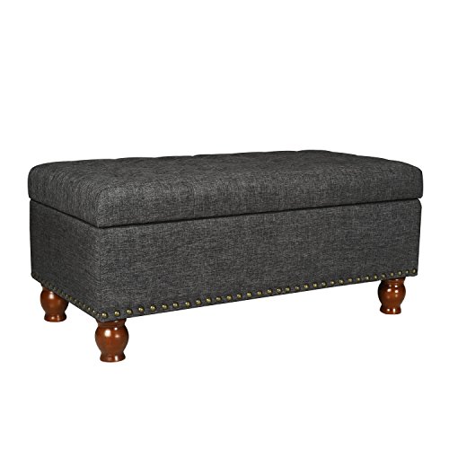 Asense Fabric Rectangle Tufted Lift Top Storage Ottoman Bench, Footstool with Solid Wood Legs, Nailhead Trim (Black Grey)