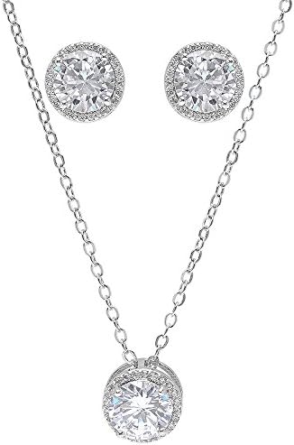 Bridesmaid Gifts - Pretty Halo Cubic Zirconia Necklace & Earrings Set (18", rhodium plated)