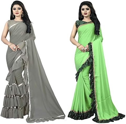 Vaishnavi Women's Georgette Golden Lace Solid Combo Ruffle Saree With Blouse(Pack Of 2)