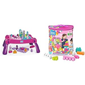Mega-Bloks-Build-n-Learn-Table-Bloks-DCH54-Big-Building-Bag-Pink-60-Pieces Fisher Price Build ‘n Learn Table by MEGA BLOKS, 30 Pieces, Portable Table, Ideal for Ages 1 and Up, Pink