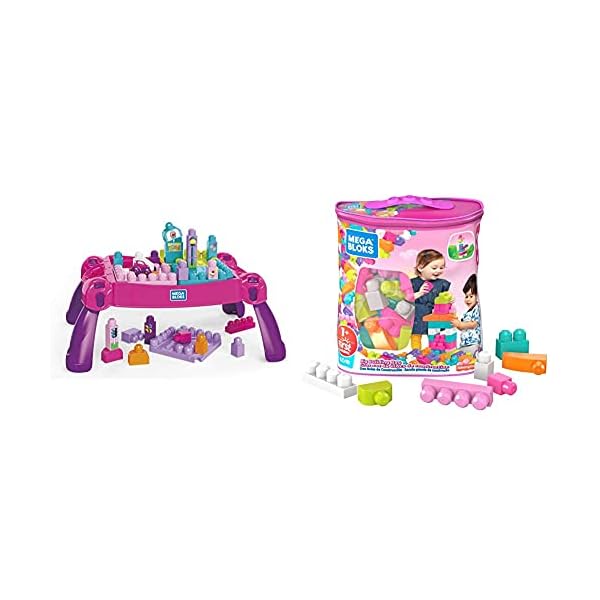 Fisher Price Build ‘n Learn Table by MEGA BLOKS, 30 Pieces, Portable Table, Ideal for Ages 1 and Up, Pink​