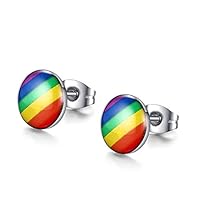 GUAngqi Stainless Steel Rainbow Ear Stud Earring Round Gay Pride Post Stud Earrings