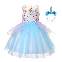 JiaDuo Girls Unicorn Dress Party Costume, Rainbow Tutu Train & Unicorn Headband (Blue, 90cm/1-2 Years)