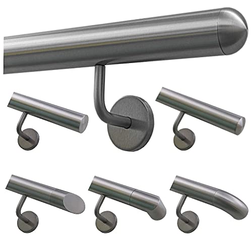 TIBU Handlauf Geländer Edelstahl Ø 42,4 mm - Länge 350 cm - Ende halbrunde Kappe und gewinkelte Halter - Rostfrei für Außen und Innen