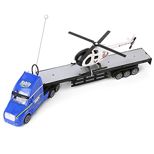 Wonderful Gift Shop Remote Control Big Rig Flatbed Semi Trailer Truck with Hauler Helicopter Toy Combo - Blue