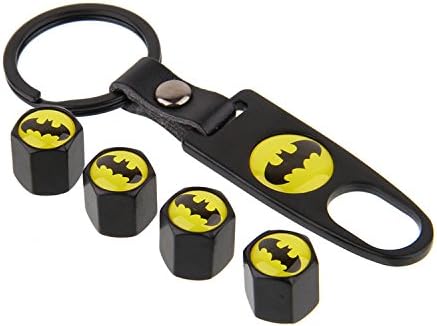eXeAuto Black Tire Valve Stem Air Caps Cover and Keychain Combo Set For Batman(Yellow Logo)
