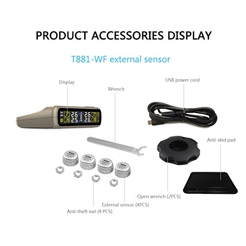 Catinbow TPMS Tire Pressure Monitoring System, Solar Power DIY Tire Pressure Gauge with 4 External Sensors Automotive Wireless Connection Real-Time Tire Pressure Monitor for Vehicle (Gold)
