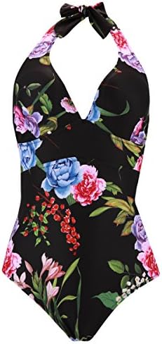 stripsky Vintage Floral Print One Piece Swimsuit for Women, Padded Halter Swimwear, Black XL