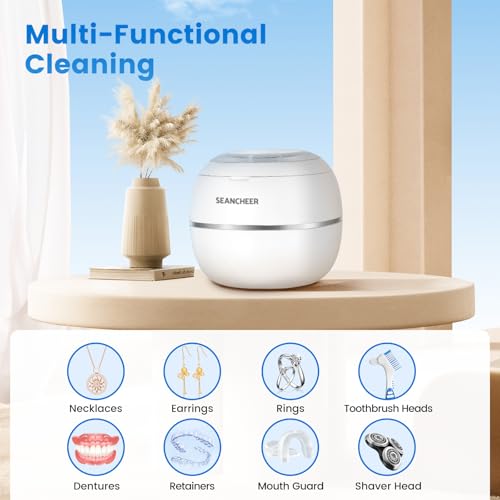SEANCHEER Ultrasonic Cleaner | 48kHz | 24W | 180ML | Ultrasonic Retainer Cleaner Machine with U-V Light for | Retainer | Aligner | Denture | Night Guard | Jewelry | (White)