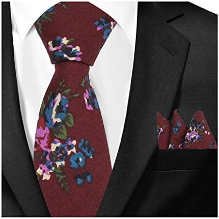 Men's Skinny Cotton Linen Ties Matching Handkerchief Set Floral Printed Neckties