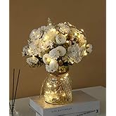KELINGO Aitificial LED White Rose Flowers with Glass Vase, Flower Arrangement for Table Centerpiece, Home Office Wedding Decoration