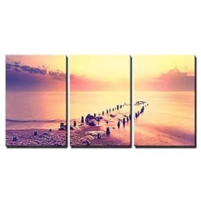 3 Piece Canvas Wall Art - After Purple Sunset, Peaceful Sea Landscape. - Modern Home Art Stretched and Framed Ready to Hang - 16"x24"x3 Panels
