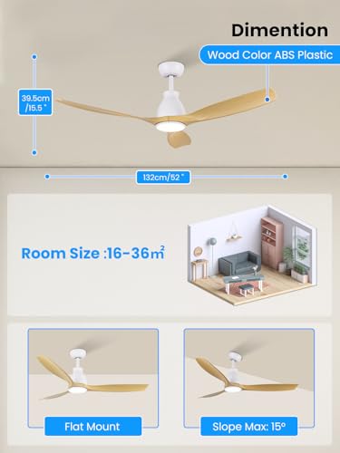 Newday Wooden Ceiling Fan with 3 Blades, 132 cm Ceiling Fan with Light and Silent Remote Control, Reversible DC Motor, Dimmable LED, Sleep Mode, Timer for Living Room