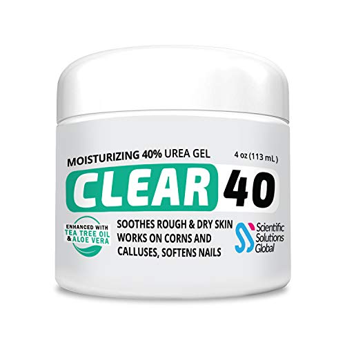 CLEAR 40, 40% Urea Gel, 4 oz w/ Tea Tree & Coconut Oil, Aloe Vera Extract, Callus & Corn Remover Moisturizes & Softens Cracked Heels, Feet, Elbows, Hands, Nails, Re-hydrates skin better than creams