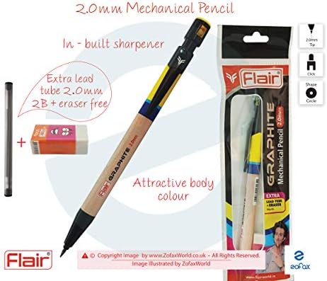 2.0mm FLAIR Graphite Sharpener Tipped Mechanical Pencil + 2B Lead Tube + Eraser (YELLOW Body)
