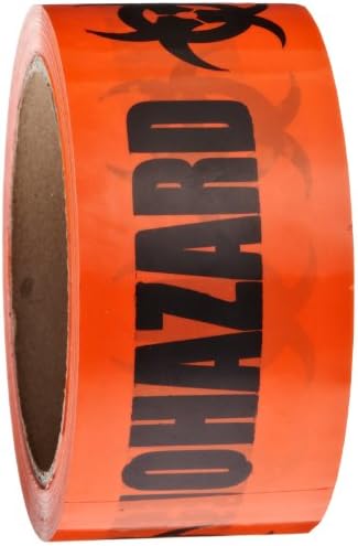Roll Products 142-0004 PVC Film Biohazard Warning Tape with Black Imprint, Legend "Biohazard" (with Logo), 55 yd. Length x 2" Width, 3" Diameter Core Roll, for Identifying and Marking, Fluorescent Red/Orange