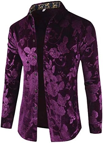 OTW Mens Slim Fit Lapel Long Sleeve Casual Velvet Print Button Up Dress Work Shirt