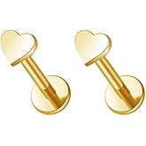 Niaspi 16G G23 Titanium Flat Back Earrings Studs for Women Threadless 14K Gold Tiny Heart Star Lightning Conch Helix Tragus Flatback Stud Earring Minimalist Labret Monroe Lip Rings Studs 2Pcs