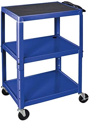 Offex Steel Adjustable Height Rolling Multipurpose Storage Utility AV Presentation Cart with 3 Shelves – Blue, Ideal for Video Projector, TV, Laptop, Computer, Printer Stand