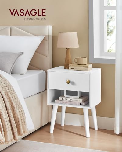 Mesita de Noche, Mesa Auxiliar con Cajón y Compartimento de Almacenamiento Abierto, Patas de Madera, Mesa de Centro para Sala de Estar, Dormitorio, Sofá, Blanco Nieve LET655W01
