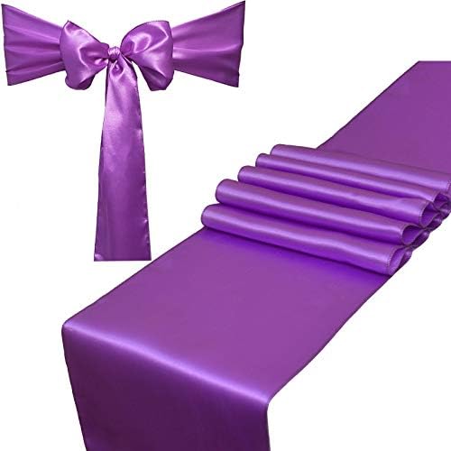 Combo Pack - 2 Satin Table Runners 12 x 108 inch & 10 Chair Sashes for Wedding Banquet Decoration, Bright Silk and Smooth Fabric Party Decor (Combo 2 Table Runner + 10 Chair Saches, Lavender)